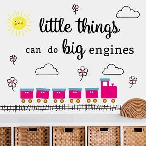 Cartoon train wall stickers with sun and clouds for kids room decor featuring little things slogan