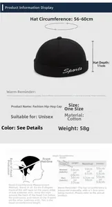 Size guide for unisex cotton brimless cap showing 56-60cm circumference and measurement info