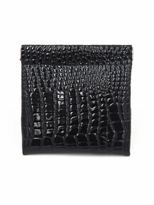 Mini black crocodile texture pouch with automatic metal spring closure for versatile storage