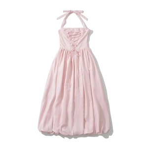 Pink halter dress with cross back ties and stylish bubble hem in a sweet A-line silhouette