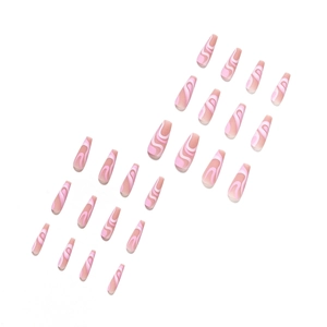 Pink and white abstract swirl pattern long coffin press-on nails set of 24 pieces