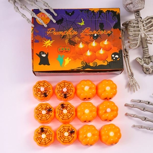 Set di 12 candele LED a zucca per Halloween con motivi a ragnatela in confezione regalo