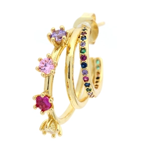 Detail of C-shaped triple-layer gold earrings featuring multi-colored zircon stones