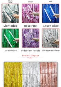 Detail of multi-color fringe curtains with metallic finish for party photo backdrops