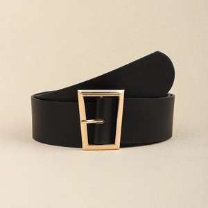 Close-up of wide black PU leather waist belt featuring a polished gold square metal buckle