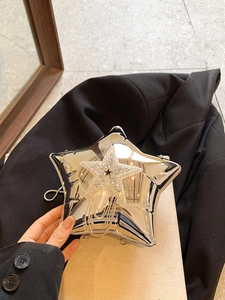 Detail of silver star-shaped acrylic clutch bag with tassel fringe and rhinestone accents