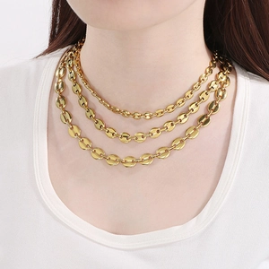 Three-layer 18K gold-plated stainless steel coffee bean link necklace for women