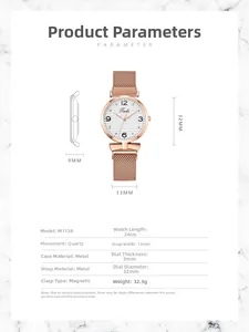 Detailed specs of rose gold quartz watch with magnetic strap, 32mm dial and metal mesh band