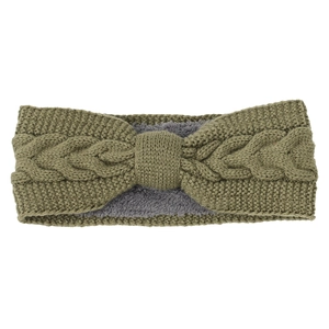 Detail of olive green cable knit headband showing thick grey fleece lining for winter warmth