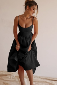 Detail of elegant black backless dress showing delicate straps and a flowing A-line skirt