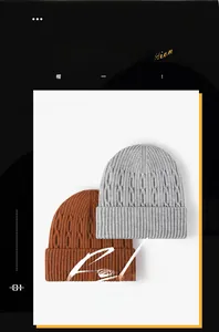 Detailed cable knit texture on grey and caramel winter beanies with cuffed design