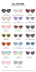 Grid display of heart-shaped sunglasses in multiple colors and high definition lenses