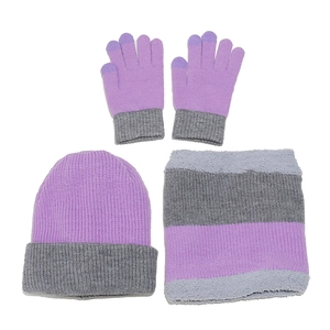 3-piece winter knit set with purple and grey pompom hat, thick scarf, and touch gloves