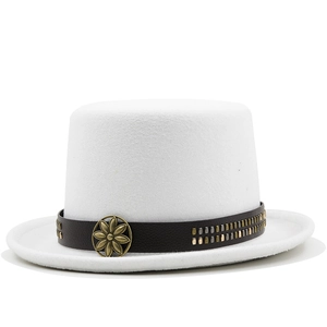 Detail of white felt top hat featuring brown leather band and antique floral buckles