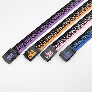 Harajuku hip-hop canvas belts featuring colorful fire patterns and black matte metal buckles