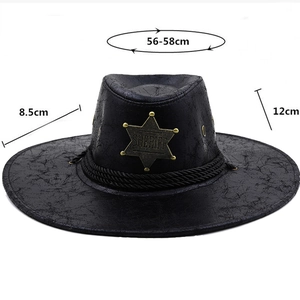 Schwarzer Cowboyhut aus PU-Leder mit Sheriff-Abzeichen und 8,5 cm breiter Krempe als Sonnenschutz