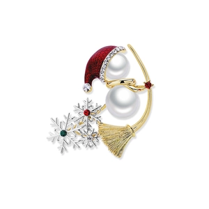 Christmas snowman brooch with pearls, red hat, golden broom and colorful snowflakes