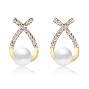 French vintage style pearl earrings with cross gold frame and crystal accents