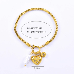 Detailed specs of the gold flower and heart charm bracelet with pearl pendant details