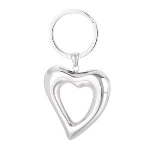 Polished stainless steel heart-shaped keychain accessory with silver finish on white background