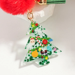 Christmas tree keychain with red pom pom green tassel and star glitter sequins inside
