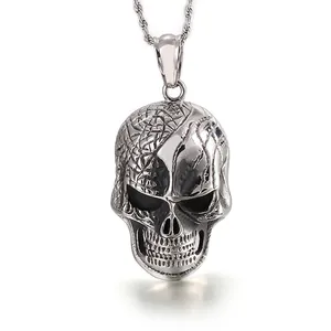 Stainless Steel 316L Skull Pendant Punk Gothic Biker Jewelry Necklace Charm For Men Textured Pattern