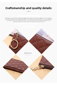 Macro detail of dark brown quilted leather coin purse with golden hardware and zipper
