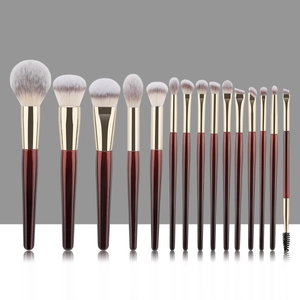 Pinceaux De Maquillage Professionnels Fibre Synthétique Manche En Bois Rouge Virole Dorée Fond De Teint Ombre À Paupières
