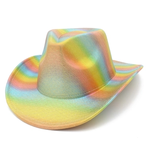 Close-up of rainbow holographic cowboy hat with metallic texture and woven stripe details