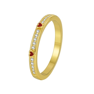 Minimalist gold ring with red heart accents and sparkling clear zirconia stones