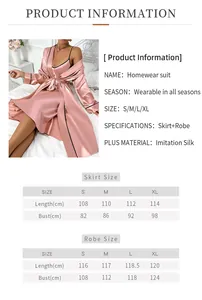 Size chart detail for ice silk sleepwear set with robe and nightgown measurements