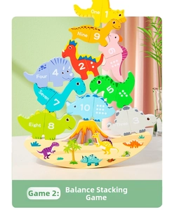 Close-up of wooden dinosaur stacking blocks with numbers on a balance base for kids
