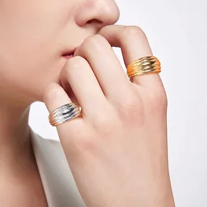 Titanium Steel Threaded Wide Band Ring Gold Steel Color Personalized Minimalist Statement Jewelry For Women Men Finger Ring