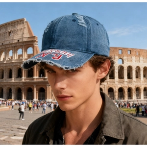 Détail d'une casquette en jean vieilli avec broderie NY devant le Colisée de Rome