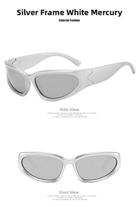 Silver Y2K futuristic sports sunglasses with mercury lenses shown from front and side angles