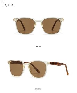 Vues de face et de profil de verres thé et motifs écaille sur lunettes de soleil