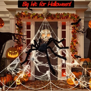 Giant black spider and white cobweb set for outdoor porch Halloween decoration