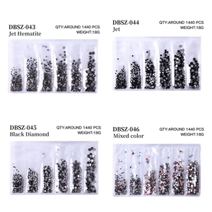 Detail view of colorful nail rhinestones in assorted sizes with 1440 pieces per pack