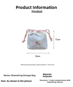 Polyester storage bag with blue stripes, lace trim, pink drawstring and label detail