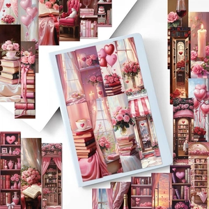 Detail of pink vintage bookmarks with romantic rose illustrations and collage patterns
