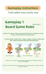 Detail showing rabbit trap game cards with move instructions and spin mechanics