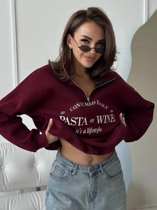 Detail eines burgunderroten Sweatshirts mit halbem Reißverschluss und Brustaufdruck