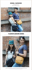 Outdoor lifestyle shot of canvas crossbody bags in black and mustard yellow colors