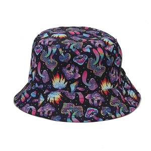 Reversible bucket hat with psychedelic mushroom print and colorful flame patterns