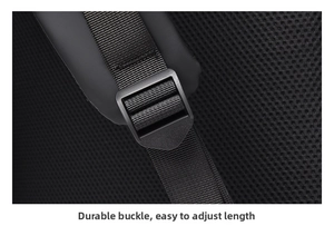 Detailed close-up of the thick adjustable buckle and nylon strap on a black backpack