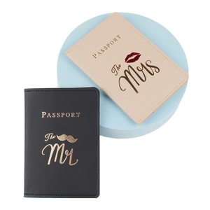 Matching Mr and Mrs PU leather passport covers with gold foil stamped mustache and lips