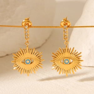 18K gold plated stainless steel evil eye sunburst earrings with white rhinestones