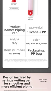 Silicone piping pen dimensions and material specification chart for cake decorating