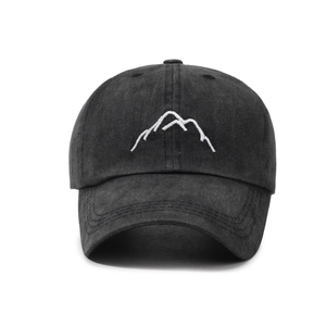 Vintage dark gray washed baseball cap featuring white mountain peak embroidery for outdoors