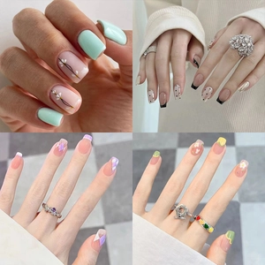 Unghie Finte A Pressione Sfumate French Tip Lunghe Coffin Quadrate Sweet Cool Fiore Cuore Stile Y2K Manicure